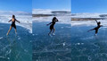 Milli sporcudan Çıldır Gölü'nde buz pateni gösterisi