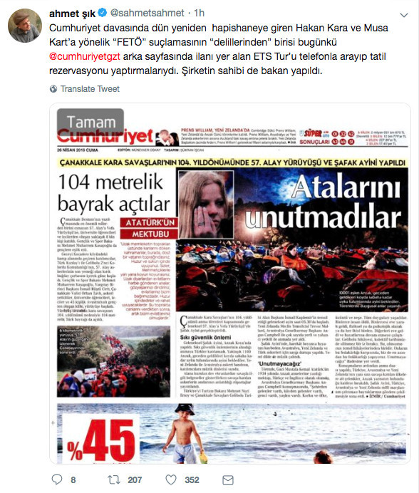Ahmet Şık'tan Cumhuriyet'teki ETS Tur reklamına tepki