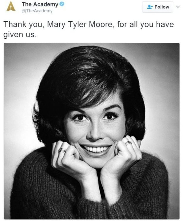 Oscar ödüllerini veren Sinema Sanatları ve Bilimleri Akademisi, "Bize kattığın her şey için teşekkürler Mary Tyler Moore" mesajını paylaştı.